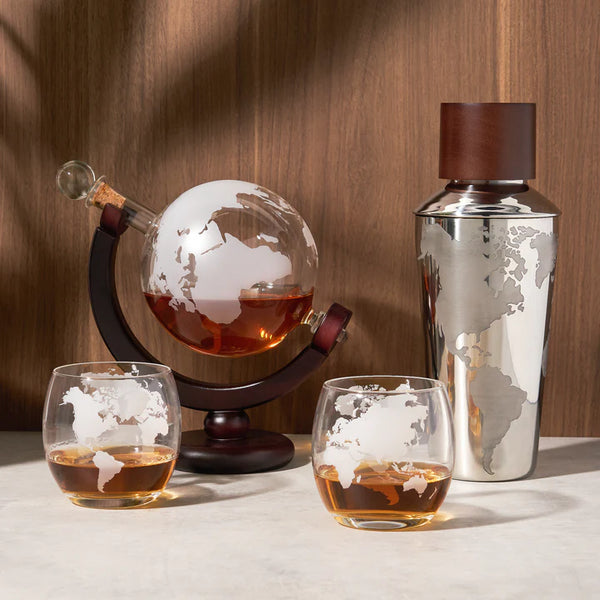 Globe Themed Stainless Steel Cocktail Shaker w/ Wood Cap